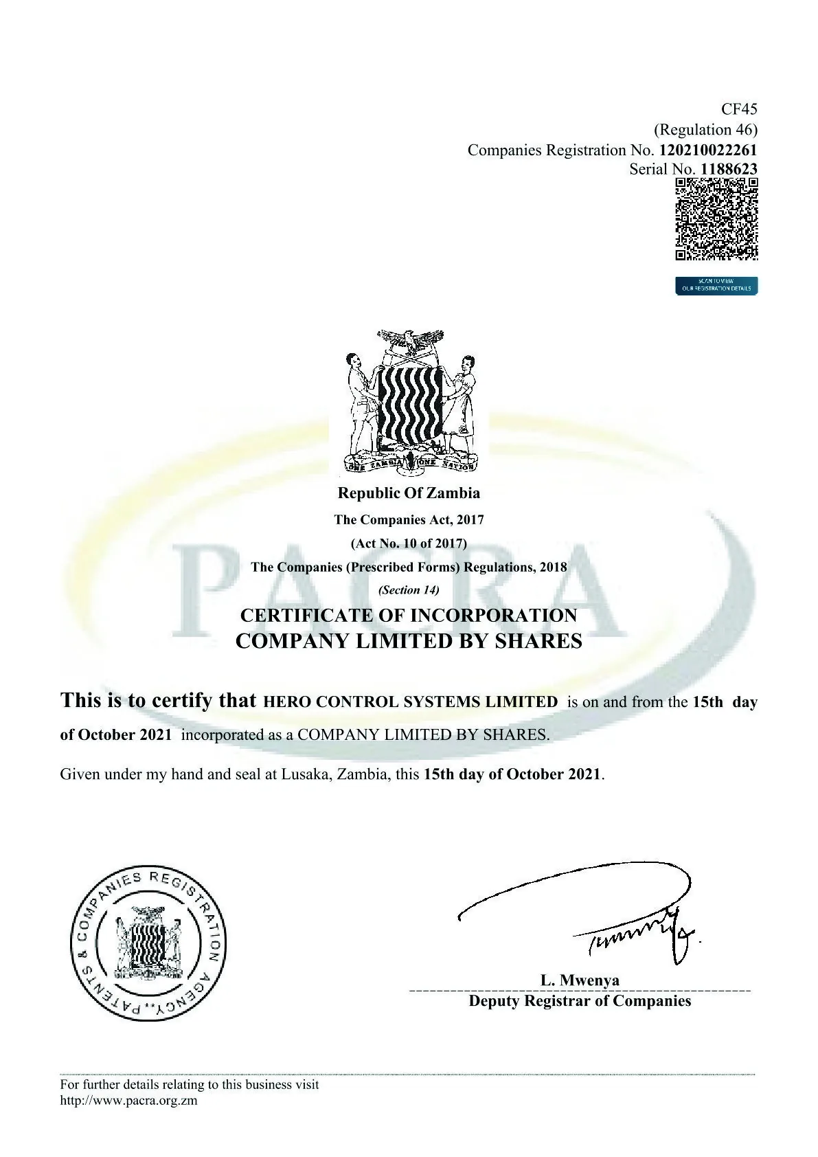 PACRA certificate of incorporation