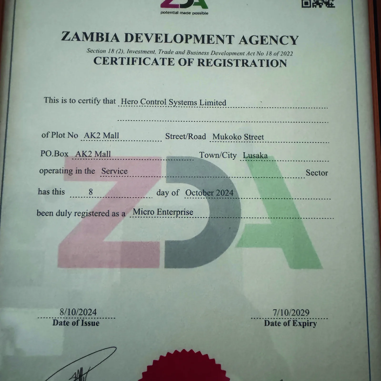 Zambia Development Agency certificate of registration