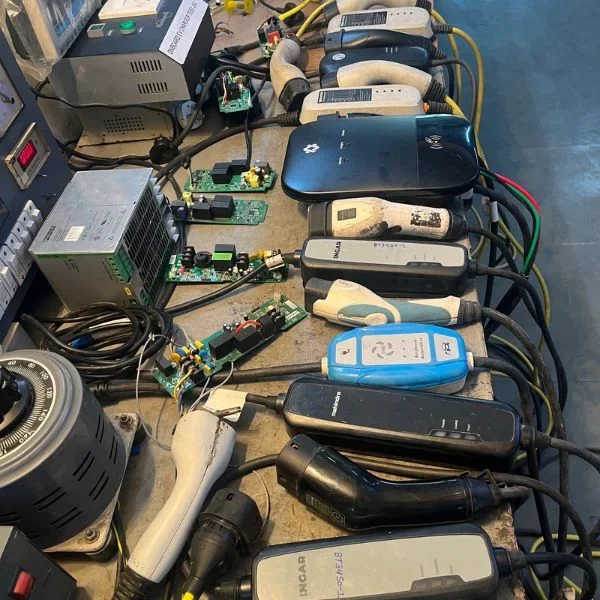 EV charging units and their control electronics on a workbench for repair
