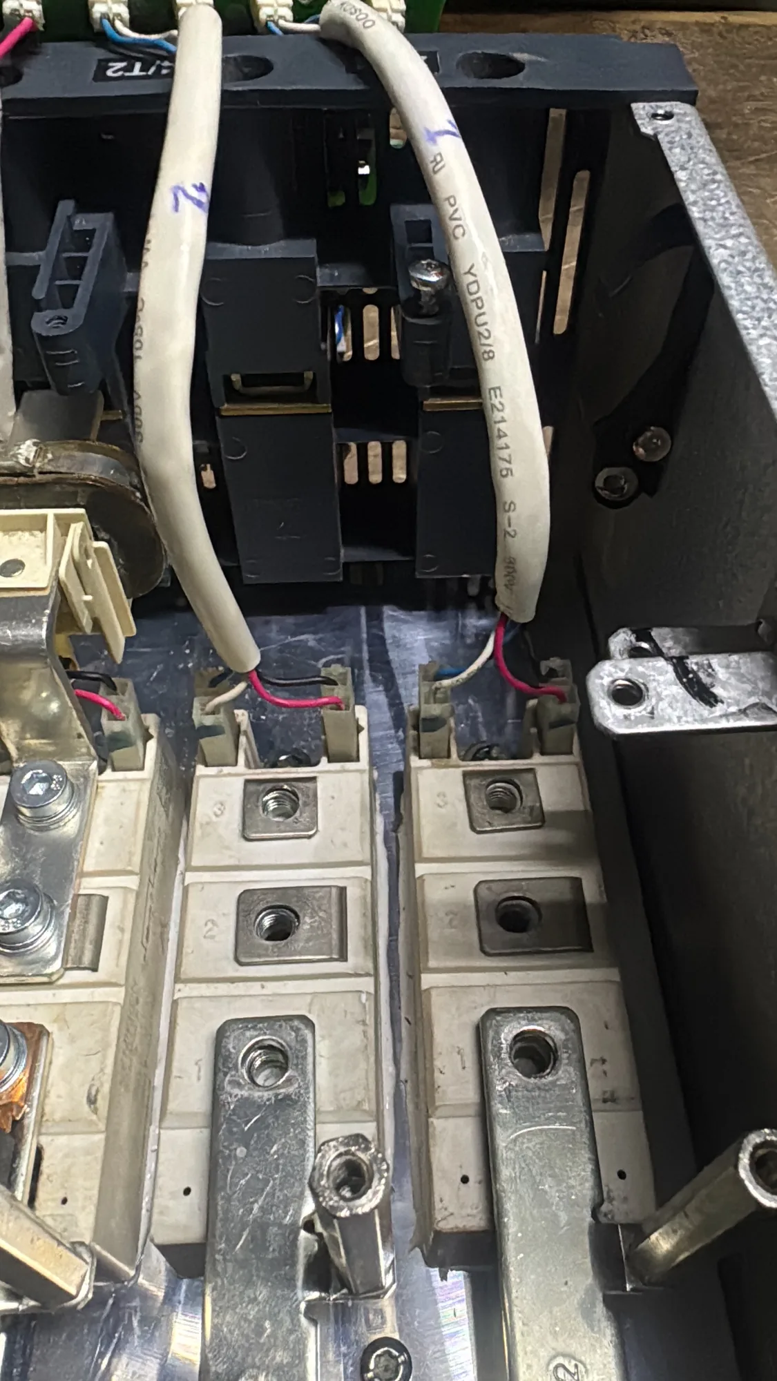 Variable-frequency drive opened to expose its thyristor power stage
