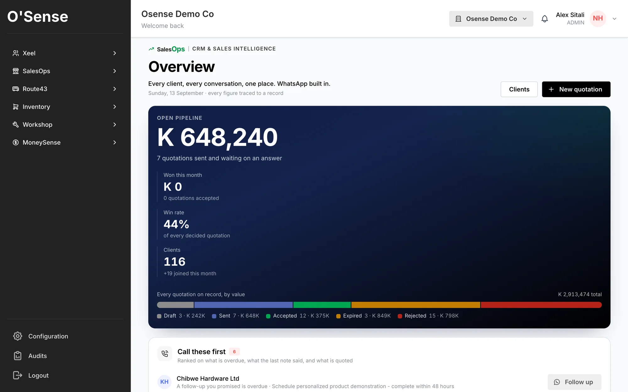 O'Sense dashboard running in a browser