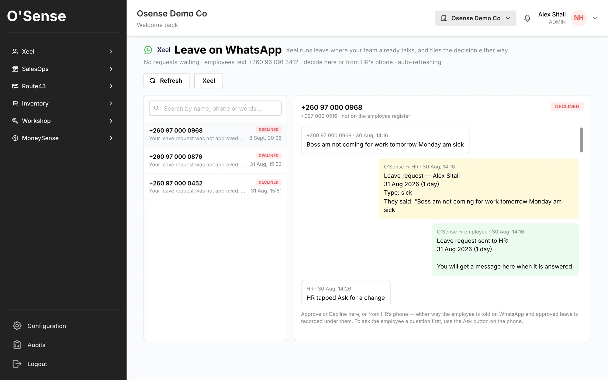 A leave request handled on WhatsApp inside Xeel