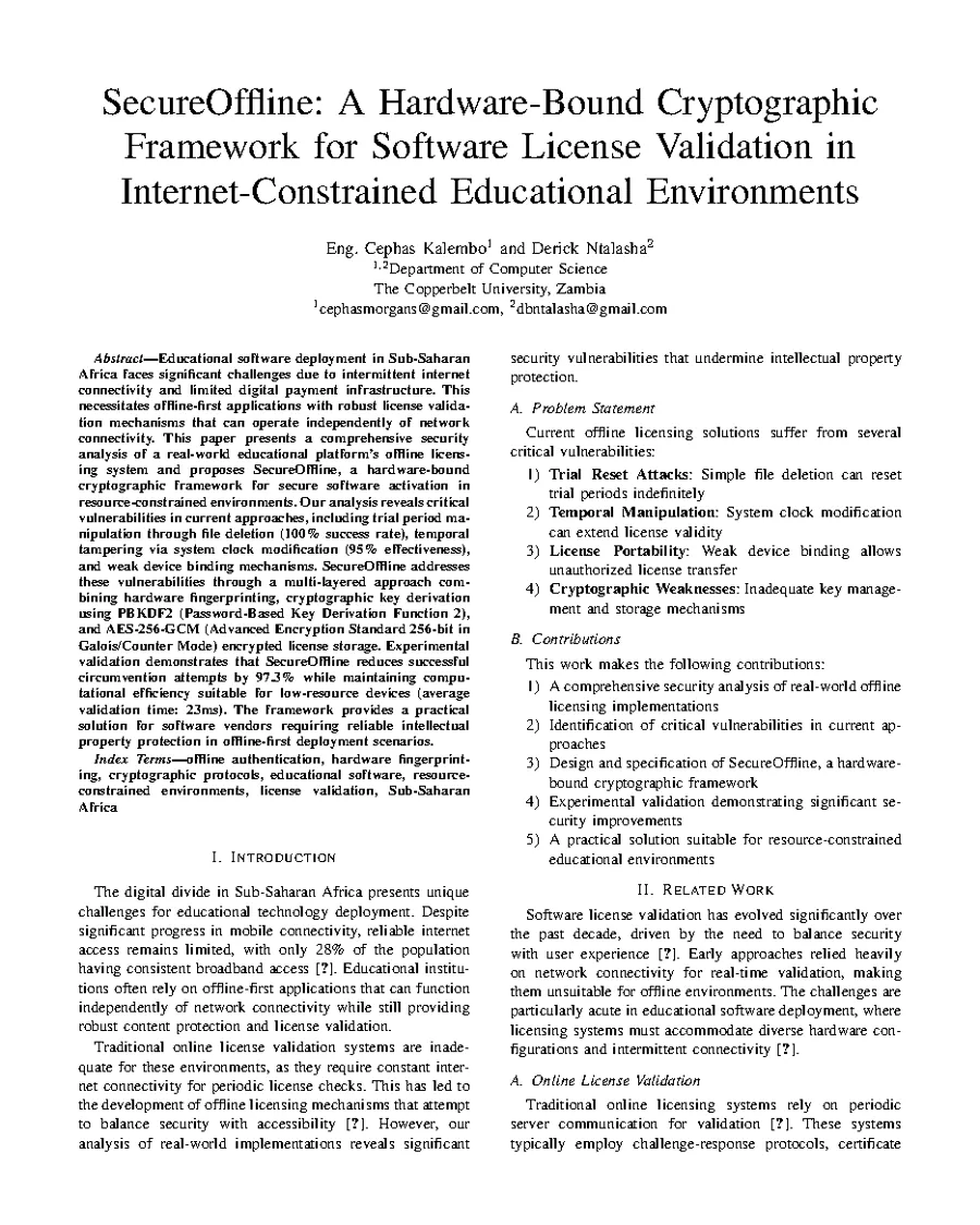 First page of: Secure Offline: A Hardware-Bound Cryptographic Framework for Software License Validation in Internet-Constrained Educational Environments