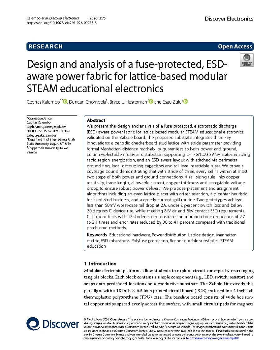 First page of: Design and analysis of a fuse-protected, ESD-aware power fabric for lattice-based modular STEAM educational electronics