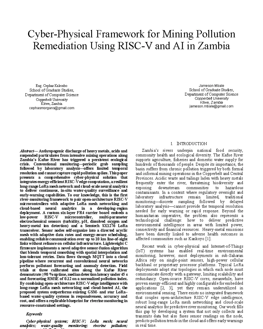 First page of: Cyber Physical Framework for Mining Pollution Remediation Using RISC-V and AI in Zambia