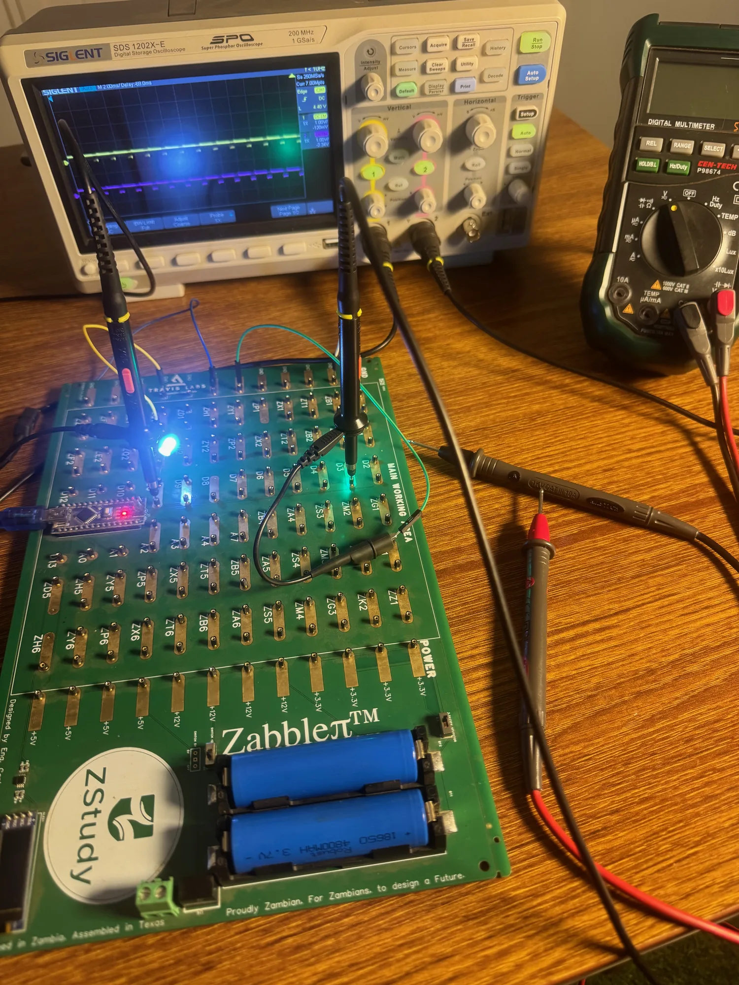 Zabble training board probed on an oscilloscope