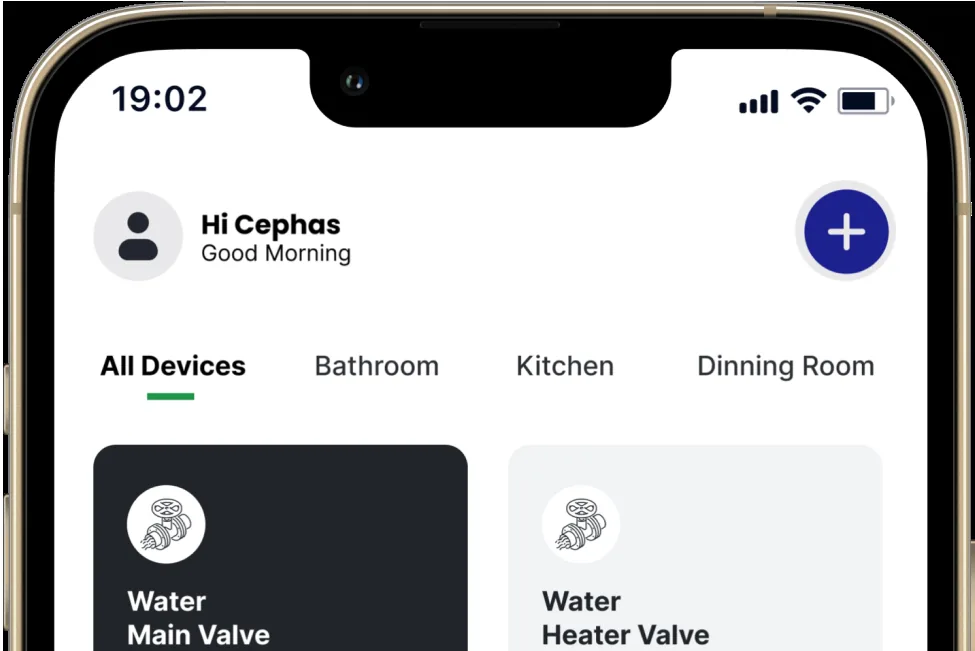 WaterHandler app with Water Main Valve and Water Heater Valve controls