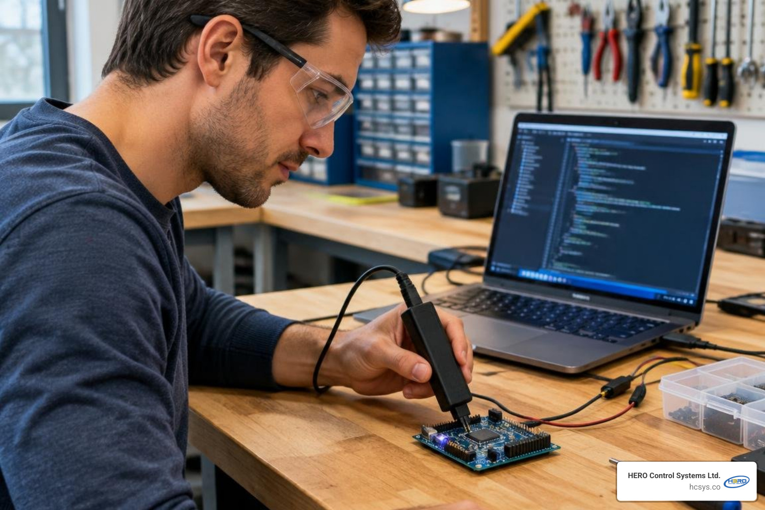 engineer flashing firmware onto a microcontroller board